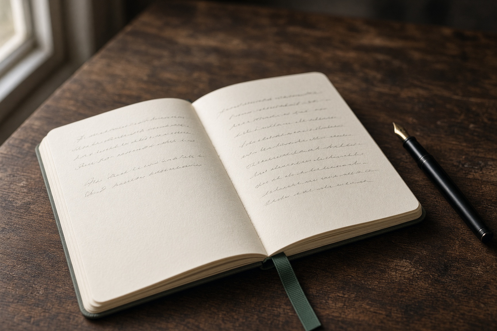 Open notebook and fountain pen on a walnut desk in window light.
